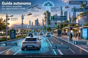 Infografica sulla guida autonoma: veicoli autonomi, sensori stradali, comunicazione veicolo-infrastruttura e connettività 5G in una città intelligente. Immagine illustrativa generata con intelligenza artificiale.
