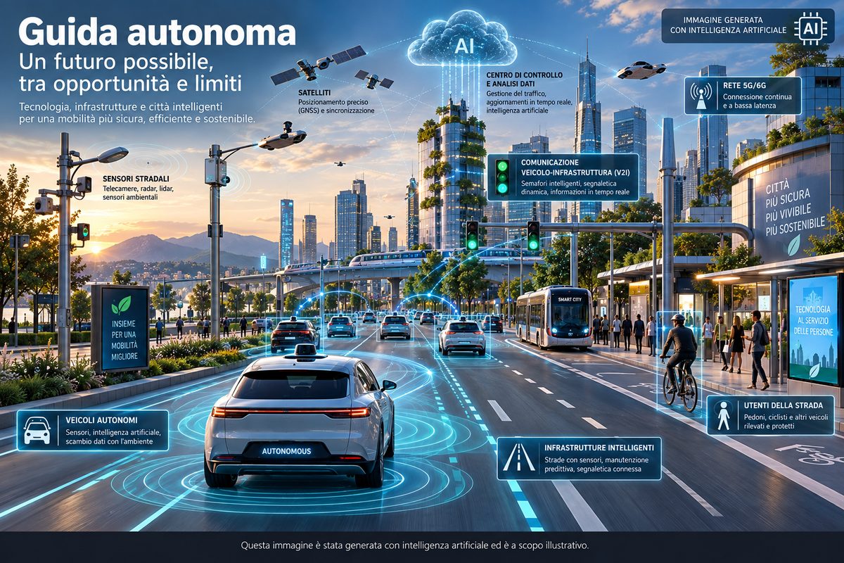 Infografica sulla guida autonoma: veicoli autonomi, sensori stradali, comunicazione veicolo-infrastruttura e connettività 5G in una città intelligente. Immagine illustrativa generata con intelligenza artificiale.