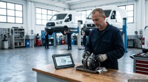 Tecnico in un'officina luminosa che esamina un alternatore rigenerato su un banco di lavoro, con furgoni da flotta sullo sfondo. Immagine generata con intelligenza artificiale.