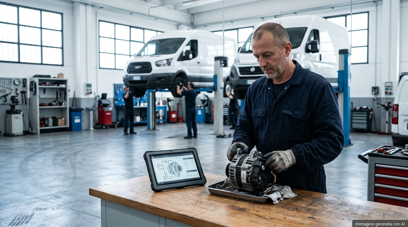 Tecnico in un'officina luminosa che esamina un alternatore rigenerato su un banco di lavoro, con furgoni da flotta sullo sfondo. Immagine generata con intelligenza artificiale.
